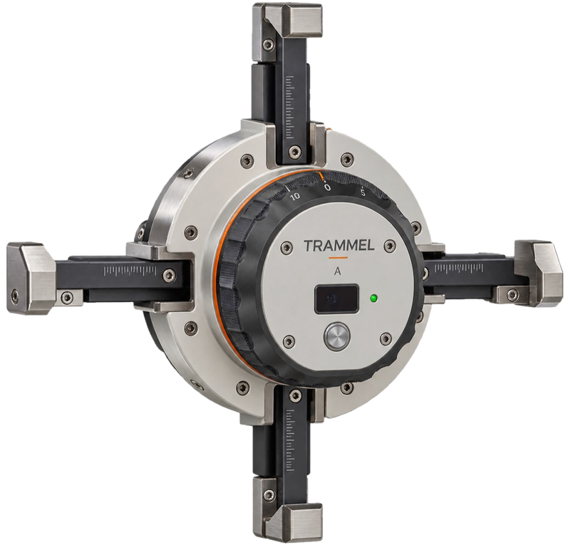 Concept visualization of a TRAMMEL measuring head: a round brushed-metal body with a black knurled dial, a centre faceplate marked TRAMMEL and A, and four adjustable arms with engraved scales.