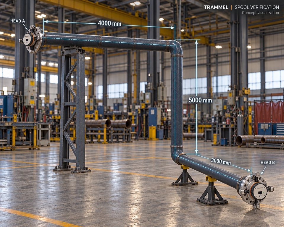 Concept visualization: a fabricated pipe spool on stands in a fabrication shop. A TRAMMEL head is fitted at each end, HEAD A on a high support and HEAD B near the floor. Drawn dimensions show a 4000 mm run, a 5000 mm drop and a 3000 mm run between them.